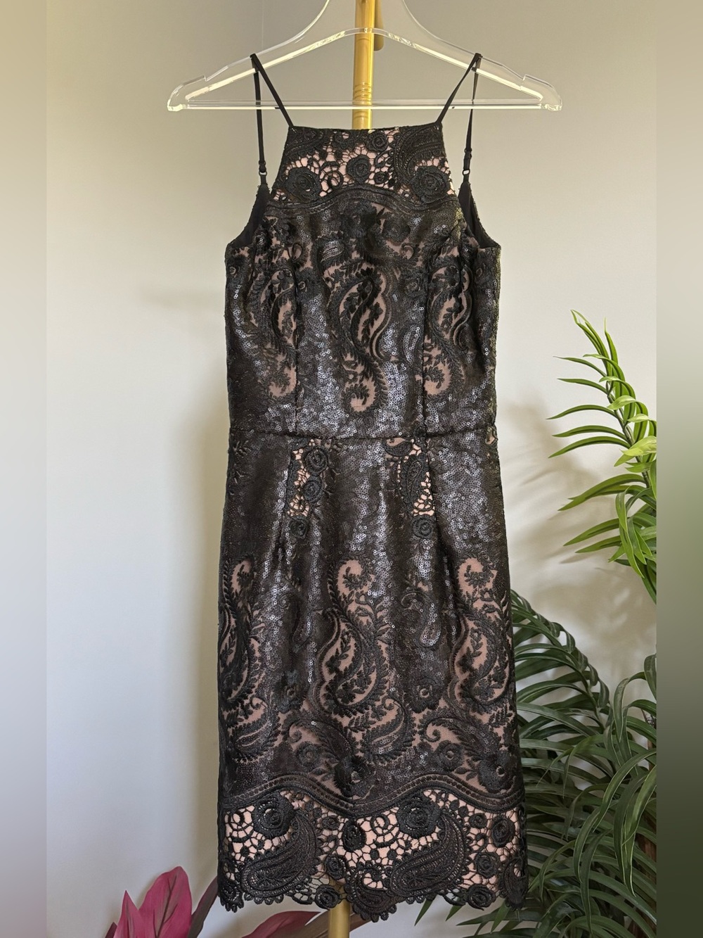 Dress the Population Black Lace Overlay Midi Dress NWOT
